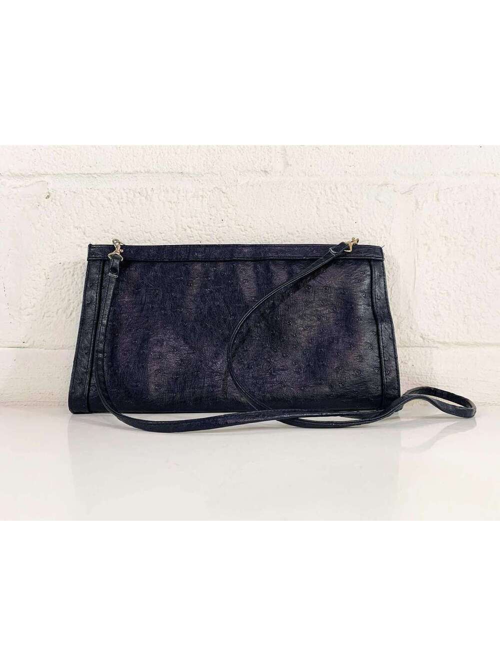 Navy Crossbody Purse Bag Blue Faux Leather Brass Ostrich 1990s